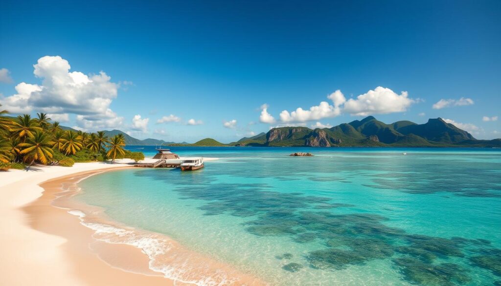 A breathtaking aerial view of Praslin and La Digue, two adjacent islands in the Seychelles archipelago. The foreground features the stunning white sandy beaches with gentle waves lapping at the shore, dotted with lush green palm trees. In the middle, the vibrant turquoise waters are interspersed with coral reefs, creating a rich contrast to the sandy beaches. The background showcases the dramatic granite boulders and verdant hills of La Digue, under a clear blue sky with a few fluffy white clouds. The scene is bathed in warm, golden sunlight, enhancing the tropical atmosphere. The angle is slightly tilted to emphasize the proximity of the islands, creating an inviting and serene mood, perfect for showcasing their natural beauty and the allure of the Indian Ocean.