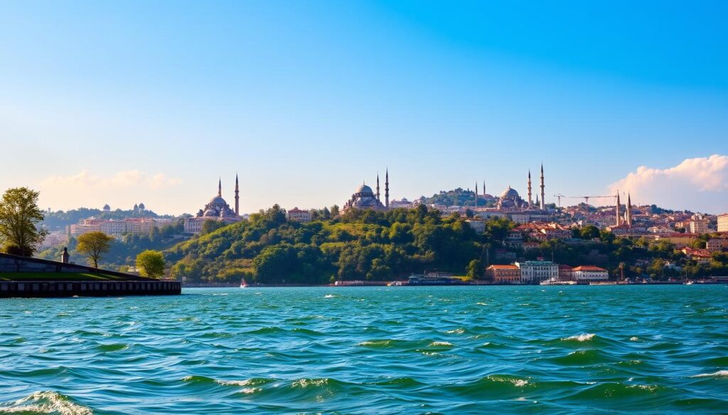 A breathtaking view of the Bosporus Strait with the skyline of Istanbul in the background. In the foreground, gentle waves ripple on the water, reflecting the sunlight. The middle ground showcases historic landmarks such as the Hagia Sophia and the Blue Mosque, their stunning domes and minarets rising majestically. Lush green hills border the strait, dotted with trees and colorful flowers. In the background, the vibrant cityscape unfolds under a clear blue sky, with soft clouds adding depth. The scene captures the unique geographical significance of the Bosporus, blending natural beauty and urban heritage. The lighting is warm, emphasizing a serene, inviting atmosphere, shot from a slightly elevated angle to encompass the full expanse of the waterway and city. A breathtaking view of the Bosporus Strait with the skyline of Istanbul in the background. In the foreground, gentle waves ripple on the water, reflecting the sunlight. The middle ground showcases historic landmarks such as the Hagia Sophia and the Blue Mosque, their stunning domes and minarets rising majestically. Lush green hills border the strait, dotted with trees and colorful flowers. In the background, the vibrant cityscape unfolds under a clear blue sky, with soft clouds adding depth. The scene captures the unique geographical significance of the Bosporus, blending natural beauty and urban heritage. The lighting is warm, emphasizing a serene, inviting atmosphere, shot from a slightly elevated angle to encompass the full expanse of the waterway and city.