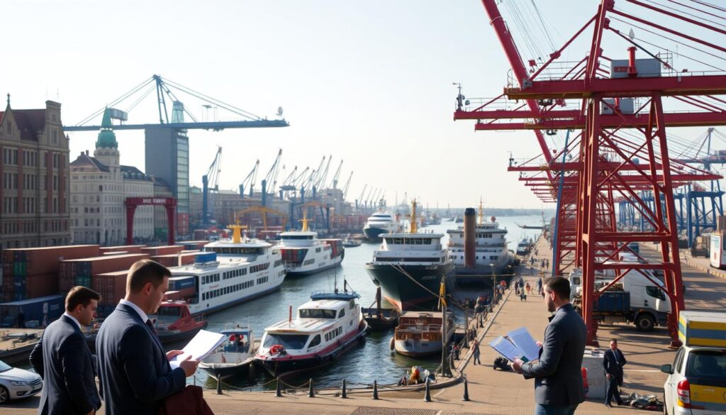 A bustling European port scene, featuring the Antwerp waterfront with modern cargo containers, cranes, and ships moored along the docks. In the foreground, professional workers in business attire inspect shipping documents. In the middle ground, large container ships and fishing boats are docked, surrounded by a flurry of activity as loaders maneuver cargo. The background showcases the iconic architecture of Antwerp, including its historical buildings juxtaposed with modern structures. Soft afternoon sunlight casts a warm glow over the scene, creating a vibrant and lively atmosphere. The perspective is slightly elevated, capturing the vastness of the port and its importance as a hub of trade in Europe.