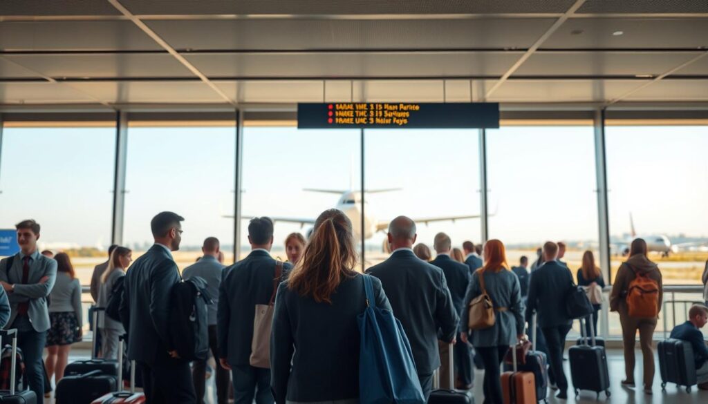 A bustling airport scene capturing the journey from departure to arrival in the USA. In the foreground, a diverse group of travelers, dressed in professional business attire and modest casual clothing, stands in line at a check-in counter, with their luggage ready for the trip. In the middle ground, large glass windows reveal an airplane on the tarmac, showcasing its sleek design against a clear blue sky. The background features the terminal's illuminated departure board displaying flight information and flight destinations. Soft, natural lighting illuminates the scene, creating an atmosphere of anticipation and excitement. Use a wide-angle lens perspective to emphasize the scale of the airport and the dynamic movement of travelers. A bustling airport scene capturing the journey from departure to arrival in the USA. In the foreground, a diverse group of travelers, dressed in professional business attire and modest casual clothing, stands in line at a check-in counter, with their luggage ready for the trip. In the middle ground, large glass windows reveal an airplane on the tarmac, showcasing its sleek design against a clear blue sky. The background features the terminal's illuminated departure board displaying flight information and flight destinations. Soft, natural lighting illuminates the scene, creating an atmosphere of anticipation and excitement. Use a wide-angle lens perspective to emphasize the scale of the airport and the dynamic movement of travelers.