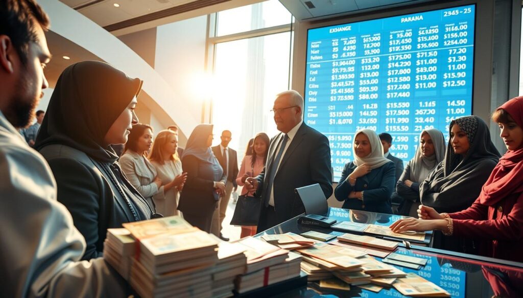 A bustling currency exchange office in Dubai, showcasing a professional setting. In the foreground, display a well-organized counter with euro, dollar, and złotówka banknotes being exchanged for Emirati dirhams. Capture a currency exchange agent in smart business attire, attentively assisting a diverse group of patrons, representing different nationalities. The middle ground should feature a digital exchange rate board brightly lit, displaying real-time rates for various currencies. In the background, include modern architectural elements of Dubai, with the iconic Burj Khalifa subtly visible through a large window, letting in bright, natural sunlight that creates a warm atmosphere. The overall mood is dynamic and professional, emphasizing the activity of currency exchange in a global city.