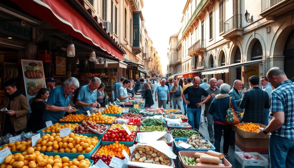 A bustling street market scene in Palermo, highlighting the vibrant energy of Ballarò and Vucciria. In the foreground, a colorful display of local street food, including arancini, cannoli, and fresh fruits, with vendors energetically interacting with customers in modest casual clothing. The middle ground features diverse groups of people engaged in shopping and chatting, reflecting the lively, chaotic atmosphere of daily life in Sicily. The background showcases historical buildings with peeling paint and sunlit alleys, typical of Palermo’s architecture, under a warm golden hour glow. Capture the mood of excitement and cultural richness, using a slightly tilted angle to emphasize the dynamic atmosphere of the markets. A bustling street market scene in Palermo, highlighting the vibrant energy of Ballarò and Vucciria. In the foreground, a colorful display of local street food, including arancini, cannoli, and fresh fruits, with vendors energetically interacting with customers in modest casual clothing. The middle ground features diverse groups of people engaged in shopping and chatting, reflecting the lively, chaotic atmosphere of daily life in Sicily. The background showcases historical buildings with peeling paint and sunlit alleys, typical of Palermo’s architecture, under a warm golden hour glow. Capture the mood of excitement and cultural richness, using a slightly tilted angle to emphasize the dynamic atmosphere of the markets.