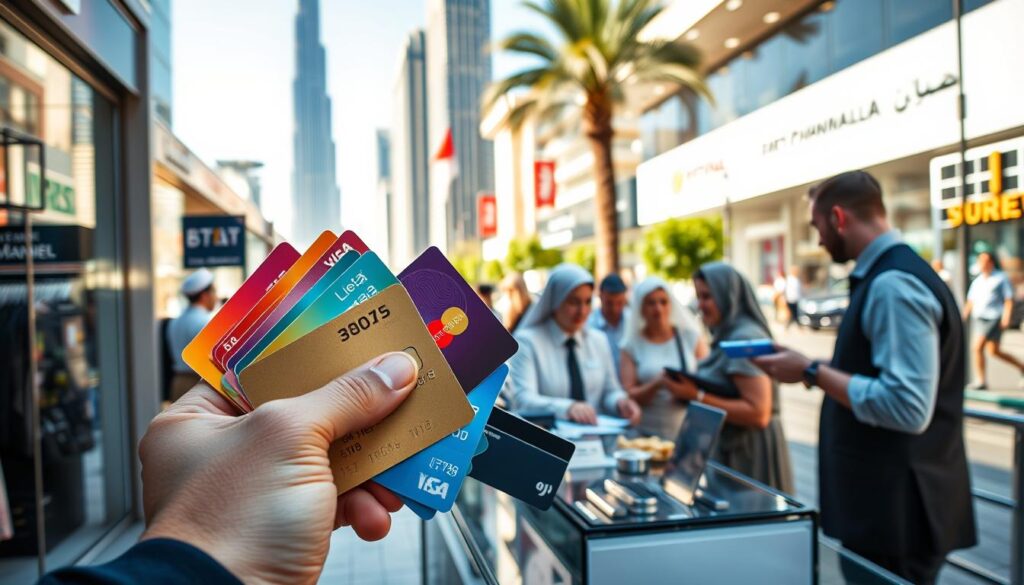 A bustling street scene in Dubai showcasing various payment cards on display at a modern retail store. In the foreground, a hand holds several colorful credit and debit cards, emphasizing their design and branding. The middle ground features a well-dressed cashier assisting a diverse group of customers, who are using cards for payment. The background shows iconic Dubai architecture like the Burj Khalifa, under bright, sunny skies. The lighting is bright and vibrant, reflecting the dynamic atmosphere of the city. The mood is lively and energetic, capturing the convenience of modern financial transactions in daily Dubai life.
