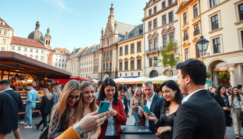 A bustling street scene in Vilnius during a weekend afternoon, showcasing a lively atmosphere. In the foreground, a diverse group of people, dressed in smart casual clothing, enthusiastically using credit cards at a stylish outdoor café, with visible payment terminals and cards in their hands. In the middle ground, colorful market stalls offer local crafts and street food, evoking a sense of cultural vibrancy. The background features beautiful historic architecture of Vilnius, with clear blue skies and soft sunlight illuminating the scene, creating a warm and inviting mood. The angle is slightly elevated, capturing both the action of payment and the charm of the surrounding city, emphasizing the ease of card payments in this picturesque European capital. A bustling street scene in Vilnius during a weekend afternoon, showcasing a lively atmosphere. In the foreground, a diverse group of people, dressed in smart casual clothing, enthusiastically using credit cards at a stylish outdoor café, with visible payment terminals and cards in their hands. In the middle ground, colorful market stalls offer local crafts and street food, evoking a sense of cultural vibrancy. The background features beautiful historic architecture of Vilnius, with clear blue skies and soft sunlight illuminating the scene, creating a warm and inviting mood. The angle is slightly elevated, capturing both the action of payment and the charm of the surrounding city, emphasizing the ease of card payments in this picturesque European capital.