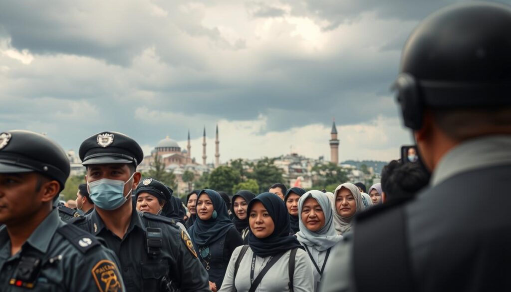 A bustling urban scene in Istanbul during a demonstration, showcasing the heightened security measures. In the foreground, several police officers in professional uniforms stand alert and engaged, monitoring the crowd for potential threats. The middle ground features a diverse group of women in modest, professional attire, calmly navigating the demonstration, embodying confidence. As the background, the iconic skyline of Istanbul is visible, with the Hagia Sophia and Galata Tower under a dramatic, cloud-filled sky suggesting an impending storm, creating a sense of unease. The lighting is moody, casting shadows that enhance the tension of the moment. The atmosphere feels charged, reflecting both the urgency of the situation and the resilience of the people present, all without any text or additional markings in the image.