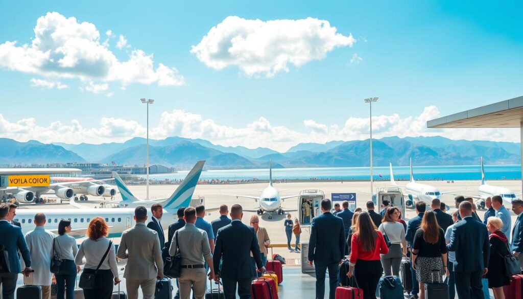 A busy airport scene at Antalya, Turkey on the stunning Turkish Riviera, showcasing a modern terminal bustling with travelers. In the foreground, a diverse group of people in professional business attire and modest casual clothing eagerly await their flights, with luggage in hand, capturing the essence of international travel. The middle ground features sleek aircraft lined up at the gates, while staff members assist passengers at check-in counters, emphasizing efficient travel. In the background, bright blue skies with a few fluffy clouds hover above, highlighting the dramatic coastal mountains and the vibrant Mediterranean Sea shimmering in the sunlight. The setting conveys a lively, welcoming atmosphere with a sense of adventure, showcasing the efficiency of reaching the Turkish Riviera. The lighting is bright and cheerful, creating an inviting sense of urgency and excitement. A busy airport scene at Antalya, Turkey on the stunning Turkish Riviera, showcasing a modern terminal bustling with travelers. In the foreground, a diverse group of people in professional business attire and modest casual clothing eagerly await their flights, with luggage in hand, capturing the essence of international travel. The middle ground features sleek aircraft lined up at the gates, while staff members assist passengers at check-in counters, emphasizing efficient travel. In the background, bright blue skies with a few fluffy clouds hover above, highlighting the dramatic coastal mountains and the vibrant Mediterranean Sea shimmering in the sunlight. The setting conveys a lively, welcoming atmosphere with a sense of adventure, showcasing the efficiency of reaching the Turkish Riviera. The lighting is bright and cheerful, creating an inviting sense of urgency and excitement.