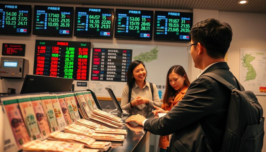 A busy currency exchange office before a trip to South Korea, featuring a well-organized counter displaying various currencies, particularly the Korean Won. In the foreground, a travel agent in professional attire is assisting a customer who appears curious and excited about their upcoming trip. The background showcases colorful currency exchange rate screens and a map of South Korea on the wall. Soft, warm lighting illuminates the scene, creating an inviting atmosphere. The image is viewed from a slightly elevated angle for depth, emphasizing the interaction at the counter while maintaining clarity on the exchange rates displayed behind. A busy currency exchange office before a trip to South Korea, featuring a well-organized counter displaying various currencies, particularly the Korean Won. In the foreground, a travel agent in professional attire is assisting a customer who appears curious and excited about their upcoming trip. The background showcases colorful currency exchange rate screens and a map of South Korea on the wall. Soft, warm lighting illuminates the scene, creating an inviting atmosphere. The image is viewed from a slightly elevated angle for depth, emphasizing the interaction at the counter while maintaining clarity on the exchange rates displayed behind.
