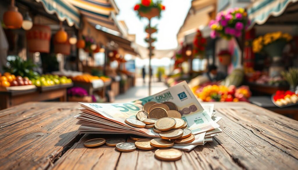 A close-up view of a handful of freshly banknotes and coins spread over a rustic wooden table, symbolizing travel cash for a vacation in Greece. In the background, softly blurred, are vivid images of traditional Greek market stalls adorned with fresh produce, local crafts, and vibrant flowers, creating an inviting atmosphere. The lighting is warm and sunny, evoking a cheerful summer day, while the lens captures intricate details of the currency, emphasizing its texture and color. The scene is lively yet calm, reflecting the excitement of traveling while ensuring a sufficient amount of cash for local purchases in taverns and markets.