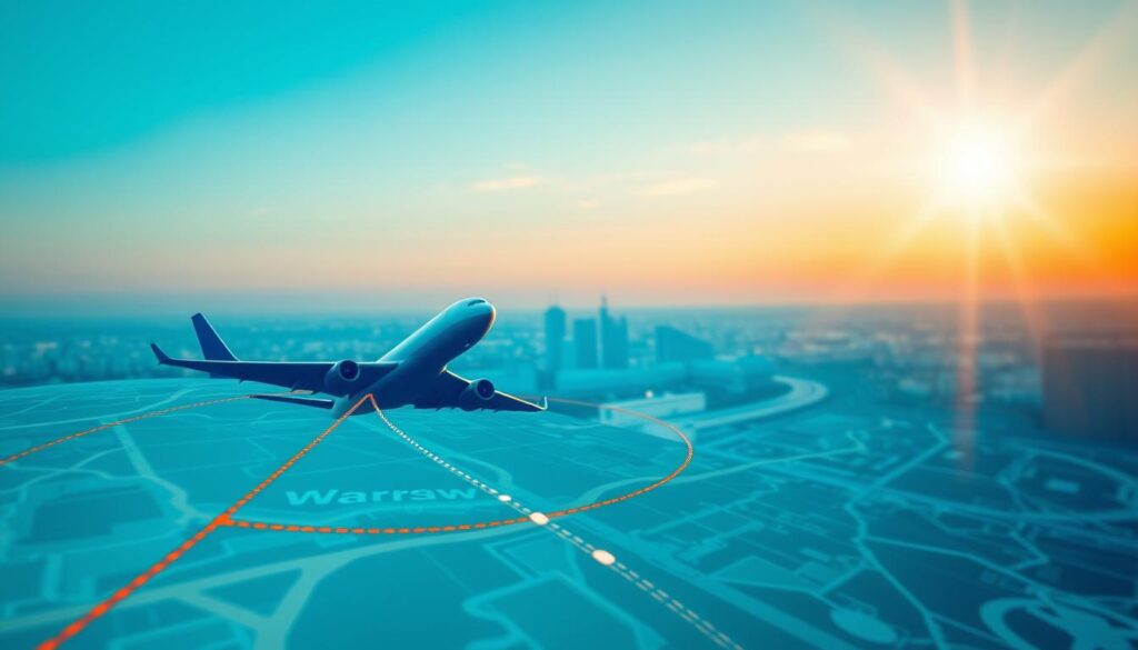 A detailed aerial view of a flight path map originating from Warsaw, Poland, illustrating the distance and direction to the United States. In the foreground, a stylized airplane icon is depicted soaring on a vividly colored flight route with dashed lines on a digital map interface. The middle layer showcases a clear depiction of Warsaw's skyline with notable landmarks subtly integrated, blending into a digital grid that suggests navigational technology. The background features a light blue sky transitioning to sunset hues, creating a warm, inviting atmosphere. The overall mood is informative yet dynamic, evoking the excitement of international travel. The image is well-lit with a slight lens flare effect, enhancing its modern technological aesthetic. A detailed aerial view of a flight path map originating from Warsaw, Poland, illustrating the distance and direction to the United States. In the foreground, a stylized airplane icon is depicted soaring on a vividly colored flight route with dashed lines on a digital map interface. The middle layer showcases a clear depiction of Warsaw's skyline with notable landmarks subtly integrated, blending into a digital grid that suggests navigational technology. The background features a light blue sky transitioning to sunset hues, creating a warm, inviting atmosphere. The overall mood is informative yet dynamic, evoking the excitement of international travel. The image is well-lit with a slight lens flare effect, enhancing its modern technological aesthetic.