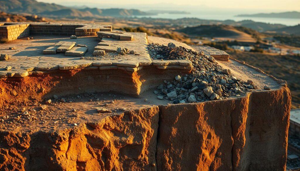 A detailed comparison of the archaeological layers of Troy VI and VIIa, depicted as an educational cross-section image. In the foreground, include a richly textured layer representing Troy VI, with stone structures, pottery shards, and remnants of ancient walls, bathed in warm golden light to evoke a sense of history. In the middle ground, illustrate the contrasting layer of Troy VIIa, with denser rubble, evidence of destruction, and burnt materials, illuminated by cooler, dimmer tones to suggest its later state. The background should feature a faint outline of the surrounding landscape, including hills and a distant sea, captured with a slight depth of field to highlight the foreground details. The overall mood is scholarly and contemplative, inviting viewers to ponder the mysteries of ancient Troy. A detailed comparison of the archaeological layers of Troy VI and VIIa, depicted as an educational cross-section image. In the foreground, include a richly textured layer representing Troy VI, with stone structures, pottery shards, and remnants of ancient walls, bathed in warm golden light to evoke a sense of history. In the middle ground, illustrate the contrasting layer of Troy VIIa, with denser rubble, evidence of destruction, and burnt materials, illuminated by cooler, dimmer tones to suggest its later state. The background should feature a faint outline of the surrounding landscape, including hills and a distant sea, captured with a slight depth of field to highlight the foreground details. The overall mood is scholarly and contemplative, inviting viewers to ponder the mysteries of ancient Troy.