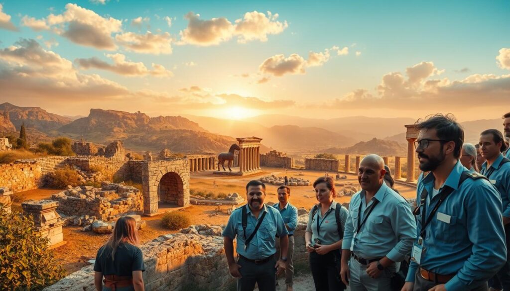 A detailed reconstruction of the ancient city of Troy, blending historical elements with mythical aesthetics. In the foreground, a diverse group of archaeologists in professional attire are examining ancient artifacts and ruins, their expressions reflecting excitement and curiosity. The middle ground features crumbled stone walls, broken columns, and a glimpse of the famous wooden horse, partially obscured by overgrown vegetation. In the background, a dramatic sunset casts warm golden hues over a vast, rugged landscape, suggesting a blend of ancient civilization and mythological wonder. The sky is filled with soft clouds, adding to the atmosphere of discovery and exploration. The image should have a soft focus with a wide-angle lens effect, capturing the essence of the legendary city between history and myth. A detailed reconstruction of the ancient city of Troy, blending historical elements with mythical aesthetics. In the foreground, a diverse group of archaeologists in professional attire are examining ancient artifacts and ruins, their expressions reflecting excitement and curiosity. The middle ground features crumbled stone walls, broken columns, and a glimpse of the famous wooden horse, partially obscured by overgrown vegetation. In the background, a dramatic sunset casts warm golden hues over a vast, rugged landscape, suggesting a blend of ancient civilization and mythological wonder. The sky is filled with soft clouds, adding to the atmosphere of discovery and exploration. The image should have a soft focus with a wide-angle lens effect, capturing the essence of the legendary city between history and myth.