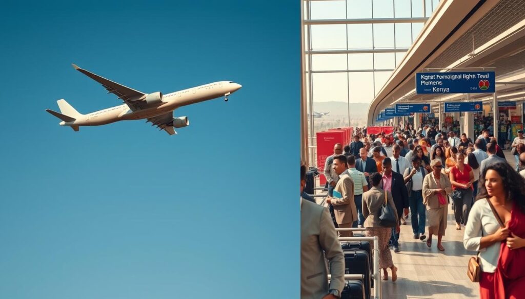 A detailed split view image showcasing two contrasting travel scenarios: on the left side, a direct flight to Kenya depicted with a modern airplane soaring through a bright, clear sky, emphasizing efficiency and ease; on the right side, a travel scene with a connecting flight involving an airport terminal with diverse travelers, some checking in and others navigating through busy crowds, capturing the complexity of layover travel. The foreground should include the airplane and travelers in professional attire, while the middle ground features vibrant airport elements, and the background displays distant landscapes symbolizing Africa. Soft natural lighting creates a warm and inviting atmosphere, with a slight tilt angle to give perspective to both flight experiences.