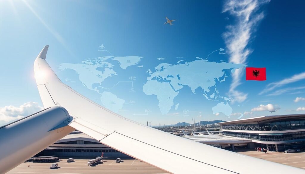 A dynamic and informative scene depicting factors affecting flight duration to Albania. In the foreground, include a modern airplane in mid-flight, its wings reflecting sunlight, conveying speed and travel. In the middle ground, illustrate a detailed world map with arrows illustrating flight paths and distances, along with symbols for weather conditions like clouds and storms. In the background, showcase a skyline of a bustling airport terminal with planes taking off and landing, presenting a sense of activity and transit. The lighting should be bright and optimistic, with a blue sky suggesting clear weather. Use a wide-angle lens perspective to capture the entire scene, creating an energetic and informative atmosphere that emphasizes the various elements influencing air travel time.