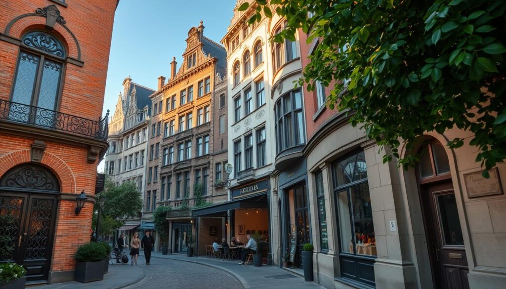 A hidden gem of Secessionist architecture in Antwerp, showcasing intricate details and elegant curves. In the foreground, a charmingly weathered brick building adorned with ornate ironwork and stained glass windows, partially veiled by lush greenery. In the middle ground, a narrow cobblestone street leads to a small, inviting café with outdoor seating, where local residents in smart casual attire enjoy their time. In the background, majestic buildings with unique architectural features rise against a soft blue sky, bathed in golden hour sunlight that casts warm shadows. The scene evokes a sense of tranquility and discovery, highlighting the architectural beauty away from tourist spots. Focused on capturing the rich textures and warm colors, shot with a 35mm lens at a low angle to enhance the grandeur of the structures.