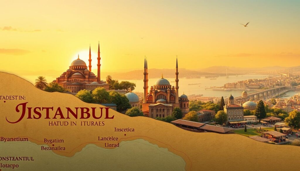 A historical timeline illustration showcasing the names of Istanbul from Byzantium to today. In the foreground, depict a stylized ancient map with ornate lettering indicating various historical names, like Byzantium and Constantinople. In the middle ground, include iconic architectural elements such as the Hagia Sophia and the Blue Mosque, surrounded by lush greenery and bustling market scenes, representing the city’s evolution. The background should feature a panoramic view of the Bosphorus, capturing the essence of Istanbul's unique geography at sunrise, with warm golden light illuminating the water and cityscape. Convey a mood of historical richness and cultural complexity, with soft, evocative lighting enhancing the depth of the scene. A historical timeline illustration showcasing the names of Istanbul from Byzantium to today. In the foreground, depict a stylized ancient map with ornate lettering indicating various historical names, like Byzantium and Constantinople. In the middle ground, include iconic architectural elements such as the Hagia Sophia and the Blue Mosque, surrounded by lush greenery and bustling market scenes, representing the city’s evolution. The background should feature a panoramic view of the Bosphorus, capturing the essence of Istanbul's unique geography at sunrise, with warm golden light illuminating the water and cityscape. Convey a mood of historical richness and cultural complexity, with soft, evocative lighting enhancing the depth of the scene.