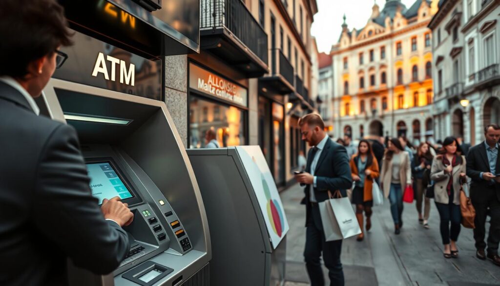 A modern ATM at a well-maintained street in Vilnius, Lithuania, surrounded by a blend of traditional and contemporary architecture. In the foreground, a professional-looking person in business attire is engaging with the ATM, inserting a bank card. The middle ground features passersby observing or waiting in line, some carrying shopping bags, exuding a lively urban atmosphere. In the background, the historic buildings are illuminated by soft, golden evening light, highlighting their intricate details. The scene captures the essence of a vibrant city, with a welcoming and practical mood, suggesting ease of access for tourists. The angle is slightly elevated, providing a clear view of the ATM's interface displaying currency options. A modern ATM at a well-maintained street in Vilnius, Lithuania, surrounded by a blend of traditional and contemporary architecture. In the foreground, a professional-looking person in business attire is engaging with the ATM, inserting a bank card. The middle ground features passersby observing or waiting in line, some carrying shopping bags, exuding a lively urban atmosphere. In the background, the historic buildings are illuminated by soft, golden evening light, highlighting their intricate details. The scene captures the essence of a vibrant city, with a welcoming and practical mood, suggesting ease of access for tourists. The angle is slightly elevated, providing a clear view of the ATM's interface displaying currency options.