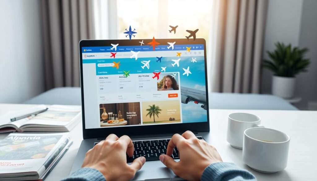 A modern digital workspace featuring a laptop open to a flight booking website, with an array of airline options for Albania displayed on the screen. In the foreground, a pair of hands are typing on the keyboard, with a travel guidebook and a coffee cup beside the laptop. The middle layer shows a vibrant selection of different airport icons, representing various departure locations, floating above the computer. In the background, a bright window reveals a sunny day outside, with soft natural light illuminating the workspace, creating an inviting atmosphere. The mood is focused and organized, aimed at conveying the importance of careful planning before booking a flight. The image should be professional with no text or distractions.