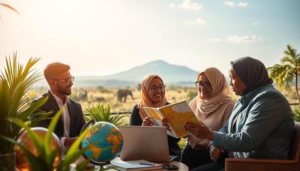 A scenic view of a safe travel preparation for a trip to Kenya. In the foreground, a diverse group of travelers in professional business attire and modest casual clothing are studying a travel guide, looking excited and engaged. They are surrounded by travel essentials: a globe, a laptop, and a map of Kenya. In the middle ground, a cozy café setting with lush green plants and a sunny atmosphere, enhancing the feeling of anticipation. In the background, a silhouette of iconic Kenyan landscapes, including Mount Kenya and savannahs under a bright blue sky. The warm, natural lighting creates an inviting and optimistic mood, captured with a slight depth of field to focus on the travelers while keeping the landscapes in a soft blur.