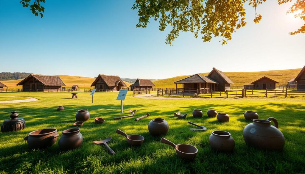 A scenic view of the Archaeological Reserve in Raków, showcasing ancient Lusatian culture. In the foreground, replicas of traditional Lusatian pottery and tools are scattered on lush green grass, surrounded by interpretive signs highlighting their historical significance. The middle ground features reconstructed wooden dwellings and structures inspired by the Lusatian settlement, with details like thatched roofs and wooden fences adding authenticity. In the background, gentle rolling hills and a clear blue sky enhance the peaceful atmosphere. Soft, warm sunlight bathes the scene, creating dappled shadows and highlighting the textures of wood and earth. The overall mood is serene and educational, inviting viewers to explore the rich history of the site. A scenic view of the Archaeological Reserve in Raków, showcasing ancient Lusatian culture. In the foreground, replicas of traditional Lusatian pottery and tools are scattered on lush green grass, surrounded by interpretive signs highlighting their historical significance. The middle ground features reconstructed wooden dwellings and structures inspired by the Lusatian settlement, with details like thatched roofs and wooden fences adding authenticity. In the background, gentle rolling hills and a clear blue sky enhance the peaceful atmosphere. Soft, warm sunlight bathes the scene, creating dappled shadows and highlighting the textures of wood and earth. The overall mood is serene and educational, inviting viewers to explore the rich history of the site.