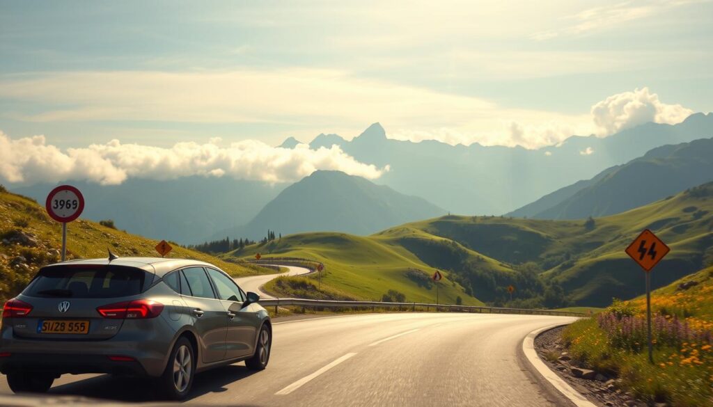 A scenic view of the Transfagarasan Highway in the Carpathian Mountains, emphasizing safety and road conditions. In the foreground, a well-maintained car driving cautiously along the winding road, with safety signs visible, such as speed limits and warning signals. The middle ground showcases dramatic mountain scenery, lush green slopes, and vibrant wildflowers, indicating the natural beauty and potential hazards of the terrain. In the background, towering peaks fade into soft clouds under a bright blue sky, with sunlight illuminating the scene, creating a warm and inviting atmosphere. Capture the essence of a safe driving experience in the picturesque Carpathians, focusing on the harmony between nature and road safety.