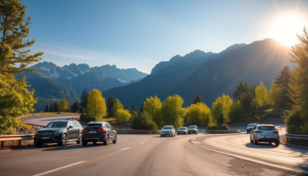 A scenic view of winding mountain roads in the Romanian Carpathians, showcasing a diverse range of vehicles including SUVs and cars driving along the asphalt. In the foreground, there's a curvy road lined with vibrant green trees, with a few well-maintained roadside barriers. In the middle ground, drivers negotiate the curves, focusing on safe driving. The background features towering, majestic mountains under a clear blue sky, with the sun casting soft, golden light that highlights the textures of the landscape. The atmosphere is serene yet dynamic, capturing the essence of driving in Romania’s mountainous terrain. High-resolution, wide-angle perspective to emphasize the road and surroundings. No humans depicted, ensuring a focus on the landscape and vehicles.