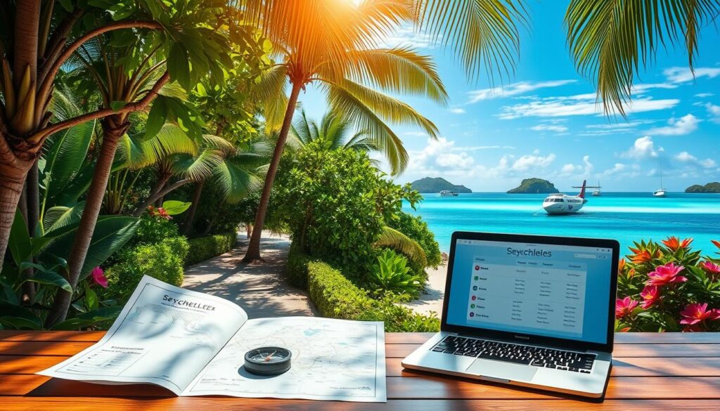 A serene tropical island scene showcasing the process of planning a stay and island transfers in the Seychelles. In the foreground, a travel planner set on a wooden table, featuring an open map of the Seychelles, a compass, and a laptop displaying flight options. In the middle ground, lush greenery trees and vibrant tropical flowers frame the path leading to a tranquil beach. The background reveals crystal-clear turquoise waters with small boats sailing between picturesque islands under a bright blue sky. Soft sunlight filters through the leaves, creating a warm, inviting atmosphere. The composition should evoke a sense of adventure and relaxation, perfect for illustrating travel planning in paradise.
