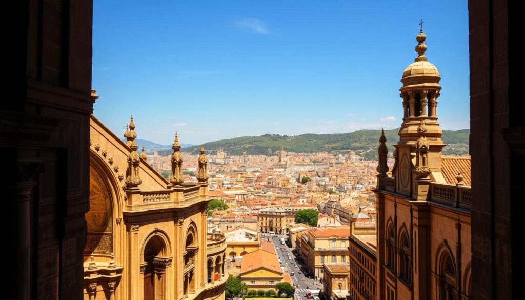 A stunning view of the Arab-Norman Cathedral in Palermo, showcasing its intricate architectural details, with ornate arches and mosaics in the foreground. The middle ground features the bustling cityscape of Palermo, filled with historic buildings and vibrant streets. In the background, frame the lush hills surrounding the city under a clear blue sky, capturing the essence of Sicily's chaotic beauty. The scene is bathed in warm, golden sunlight to evoke a sense of history and admiration. Use a wide-angle lens to emphasize the grandeur of the cathedral and the sprawling city below, inviting viewers to explore the rich heritage of Palermo while embodying a serene and majestic atmosphere. A stunning view of the Arab-Norman Cathedral in Palermo, showcasing its intricate architectural details, with ornate arches and mosaics in the foreground. The middle ground features the bustling cityscape of Palermo, filled with historic buildings and vibrant streets. In the background, frame the lush hills surrounding the city under a clear blue sky, capturing the essence of Sicily's chaotic beauty. The scene is bathed in warm, golden sunlight to evoke a sense of history and admiration. Use a wide-angle lens to emphasize the grandeur of the cathedral and the sprawling city below, inviting viewers to explore the rich heritage of Palermo while embodying a serene and majestic atmosphere.