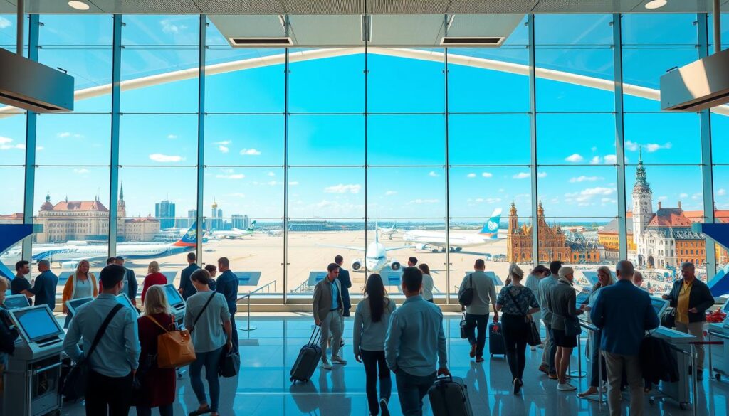 A vibrant airport departure scene showcasing Polish cities with a focus on those from which travelers can fly to the Canary Islands. In the foreground, an elegantly designed international airport terminal bustling with travelers dressed in smart casual clothing, checking in at kiosks, and waiting to board flights. In the middle ground, large glass windows reveal several airplanes preparing for takeoff beneath a clear blue sky. The background features iconic landmarks from Poland, such as the Warsaw skyline, Kraków's historic buildings, and Wrocław’s colorful market square, all merging beautifully into a sunny, welcoming atmosphere. The lighting is bright and inviting, enhancing the sense of excitement and anticipation for travel. The image should convey a sense of adventure and preparation, without any text or logos. A vibrant airport departure scene showcasing Polish cities with a focus on those from which travelers can fly to the Canary Islands. In the foreground, an elegantly designed international airport terminal bustling with travelers dressed in smart casual clothing, checking in at kiosks, and waiting to board flights. In the middle ground, large glass windows reveal several airplanes preparing for takeoff beneath a clear blue sky. The background features iconic landmarks from Poland, such as the Warsaw skyline, Kraków's historic buildings, and Wrocław’s colorful market square, all merging beautifully into a sunny, welcoming atmosphere. The lighting is bright and inviting, enhancing the sense of excitement and anticipation for travel. The image should convey a sense of adventure and preparation, without any text or logos.