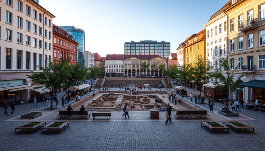 A vibrant and bustling Stary Rynek in Częstochowa, showcasing a harmonious blend of modern architecture and archaeological relics. In the foreground, neatly arranged cobblestone streets lined with quaint cafes and tree-lined benches invite visitors. The middle ground features an archaeological site, with excavated artifacts and structured ruins surrounded by informative displays and people exploring, all dressed in smart casual attire. In the background, modern buildings stand tall, reflecting the city's rich history against a clear blue sky. Soft, warm afternoon lighting casts gentle shadows, creating an inviting and lively atmosphere, emphasizing the fusion of past and present. The overall mood is one of discovery and excitement, encouraging a sense of exploration in this hidden gem of the city. A vibrant and bustling Stary Rynek in Częstochowa, showcasing a harmonious blend of modern architecture and archaeological relics. In the foreground, neatly arranged cobblestone streets lined with quaint cafes and tree-lined benches invite visitors. The middle ground features an archaeological site, with excavated artifacts and structured ruins surrounded by informative displays and people exploring, all dressed in smart casual attire. In the background, modern buildings stand tall, reflecting the city's rich history against a clear blue sky. Soft, warm afternoon lighting casts gentle shadows, creating an inviting and lively atmosphere, emphasizing the fusion of past and present. The overall mood is one of discovery and excitement, encouraging a sense of exploration in this hidden gem of the city.