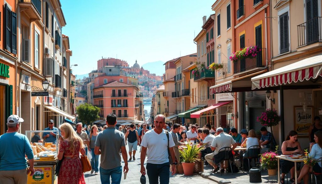 A vibrant daytime scene in a bustling neighborhood of Naples, showcasing locals and tourists strolling through charming, narrow streets lined with colorful buildings and traditional shops. In the foreground, a couple of individuals dressed in modest casual clothing chat with a street vendor selling local delicacies. The middle ground features lively cafés with people sitting at outdoor tables, framed by flowering plants and decorative facades. The background presents iconic landmarks, such as the distant silhouette of Mount Vesuvius under a clear blue sky, with soft sunlight casting warm shadows. The atmosphere is lively yet relaxed, inviting exploration and cultural immersion, perfectly illustrating a day in Naples. Use bright, natural lighting to enhance the cheerful environment.