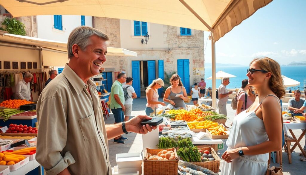 A vibrant outdoor scene set in a bustling Greek marketplace under bright sunlight. In the foreground, a friendly vendor, dressed in a casual yet modest outfit, is accepting a payment via a card reader from a satisfied customer. The customer, wearing light summer clothing, appears happy while holding a card. In the middle, colorful stalls display fresh produce, local crafts, and seafood, embodying the charm of Greek culture. The background features traditional Greek architecture with stone buildings and blue shutters, along with a picturesque view of the Mediterranean Sea. The atmosphere is lively and warm, with people interacting, creating a sense of community and ease in paying with cards, showcasing modern convenience in a traditional setting. Soft shadows enhance the details, providing depth to the scene.