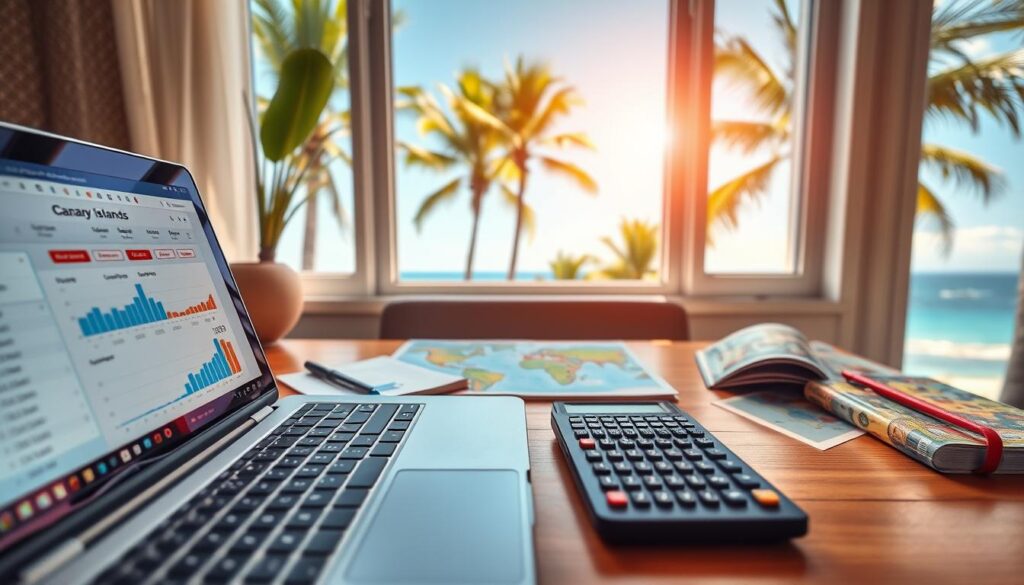A visually engaging scene that illustrates the concept of flight booking costs for the Canary Islands. In the foreground, a close-up of a laptop screen displaying an open flight booking website with graphs and price comparison charts. In the middle ground, a planner and a calculator sit on a wooden table, surrounded by travel-related items like a passport, a map of the Canary Islands, and a travel guidebook. The background features a window with a bright, sunny view of palm trees and a clear blue sky, evoking a cheerful travel atmosphere. Soft, natural lighting illuminates the scene, creating an inviting mood. The angle is slightly overhead, capturing all elements clearly without any text or branding. A visually engaging scene that illustrates the concept of flight booking costs for the Canary Islands. In the foreground, a close-up of a laptop screen displaying an open flight booking website with graphs and price comparison charts. In the middle ground, a planner and a calculator sit on a wooden table, surrounded by travel-related items like a passport, a map of the Canary Islands, and a travel guidebook. The background features a window with a bright, sunny view of palm trees and a clear blue sky, evoking a cheerful travel atmosphere. Soft, natural lighting illuminates the scene, creating an inviting mood. The angle is slightly overhead, capturing all elements clearly without any text or branding.