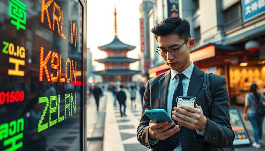 A visually striking and informative image depicting the exchange rate of South Korean won (KRW) to Polish złoty (PLN). In the foreground, display a modern digital currency exchange board with dynamic numbers showcasing the current exchange rate, bright green and red indicators for rates going up and down. In the middle, feature a business person in professional attire, holding a smartphone with a currency converter app open, looking thoughtfully at the screen. The background should have a busy Seoul street scene, incorporating iconic landmarks like N Seoul Tower and traditional markets, all captured during golden hour for warm, inviting lighting. The atmosphere should reflect a bustling financial hub, emphasizing the importance of understanding currency exchange while traveling. A visually striking and informative image depicting the exchange rate of South Korean won (KRW) to Polish złoty (PLN). In the foreground, display a modern digital currency exchange board with dynamic numbers showcasing the current exchange rate, bright green and red indicators for rates going up and down. In the middle, feature a business person in professional attire, holding a smartphone with a currency converter app open, looking thoughtfully at the screen. The background should have a busy Seoul street scene, incorporating iconic landmarks like N Seoul Tower and traditional markets, all captured during golden hour for warm, inviting lighting. The atmosphere should reflect a bustling financial hub, emphasizing the importance of understanding currency exchange while traveling.