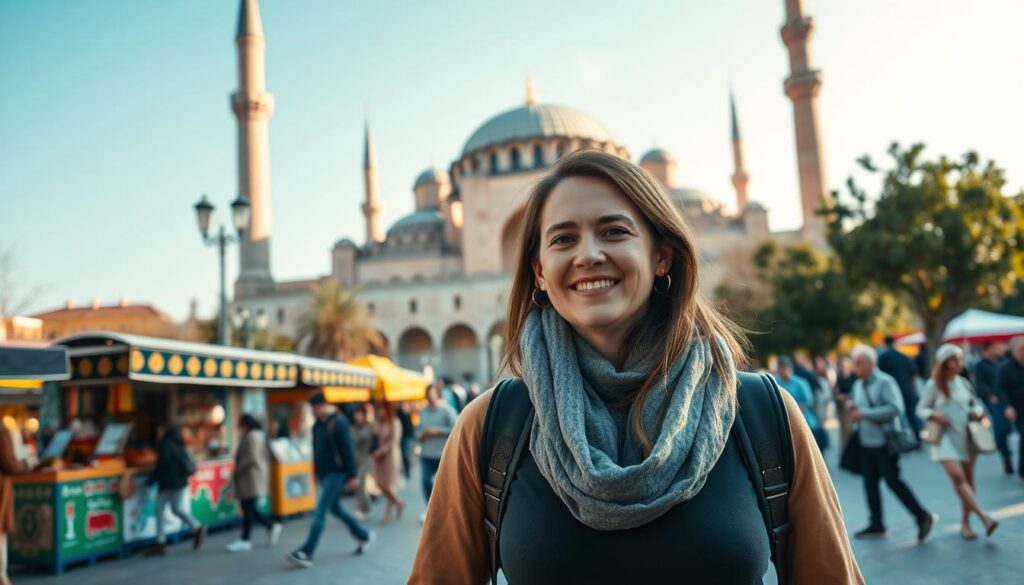 A woman traveling solo through Istanbul, exuding confidence and determination, standing near the iconic Hagia Sophia with a friendly smile. In the foreground, she wears modest, casual clothing, showcasing comfort and safety while exploring. The middle ground features local street vendors and friendly passersby, depicting a vibrant atmosphere filled with warm, inviting colors. The background displays the stunning architecture of Istanbul under a clear blue sky, with soft sunlight illuminating the scene, creating a peaceful yet dynamic ambiance. Capture the essence of solo female travel, blending a sense of adventure with cultural richness, using a wide-angle lens to emphasize the surroundings and depth of the scene.