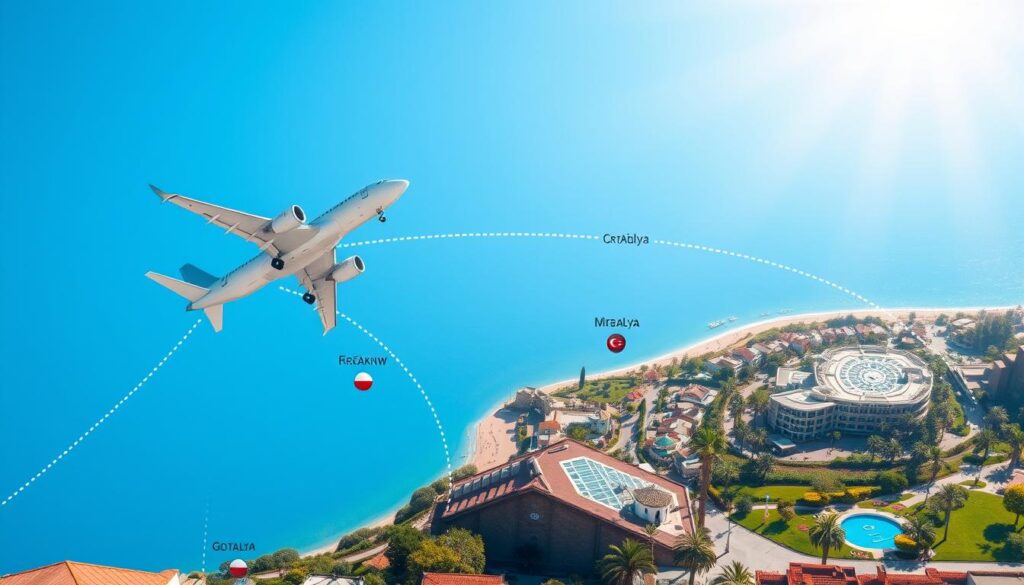 An aerial view of a flight path map showing distances from major Polish cities like Warsaw, Kraków, and Gdańsk to Antalya, Turkey, highlighted with dotted lines. In the foreground, a modern airplane is depicted soaring through a bright blue sky, symbolizing travel and adventure. The middle ground features stylized silhouettes of the key cities in Poland, each marked with pinpoints indicating flight departure points. The background showcases a vibrant landscape of Turkey's southern coast, including the Mediterranean Sea and iconic landmarks like palm trees and beach resorts. The lighting is bright and sunny, evoking a sense of warmth and excitement for travelers. The overall atmosphere is inviting and dynamic, ideal for a travel article. An aerial view of a flight path map showing distances from major Polish cities like Warsaw, Kraków, and Gdańsk to Antalya, Turkey, highlighted with dotted lines. In the foreground, a modern airplane is depicted soaring through a bright blue sky, symbolizing travel and adventure. The middle ground features stylized silhouettes of the key cities in Poland, each marked with pinpoints indicating flight departure points. The background showcases a vibrant landscape of Turkey's southern coast, including the Mediterranean Sea and iconic landmarks like palm trees and beach resorts. The lighting is bright and sunny, evoking a sense of warmth and excitement for travelers. The overall atmosphere is inviting and dynamic, ideal for a travel article.